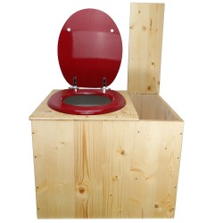 Toilette sèche rehaussée huilée avec bac à copeaux de bois à droite, bavette inox, seau plastique 22L, abattant rouge