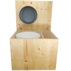 Toilette sèche rehaussée huilée avec bac à copeaux de bois à droite, bavette inox, seau plastique 22L, abattant gris