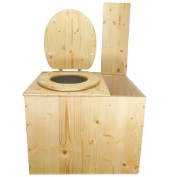 Toilette sèche rehaussée huilée avec bac à copeaux de bois à droite, bavette inox, seau plastique 22L, abattant bois huilé
