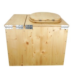 Toilette sèche rehaussée huilée avec bac à copeaux de bois à droite, bavette inox, seau plastique 22L, abattant bois huilé