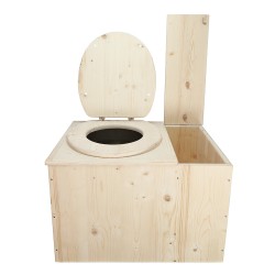 Toilette sèche avec bac à copeaux de bois à droite, bavette inox et seau inox