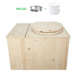 Toilette sèche avec bac à copeaux de bois intégré en bois brut avec bavette inox et seau plastique 22 litres