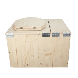 Toilette sèche avec bac à copeaux de bois intégré en bois brut avec bavette inox et seau plastique 22 litres