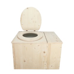 Toilette sèche avec bac à copeaux de bois intégré à droite en bois brut avec bavette inox et seau plastique 22 litres