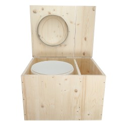 Toilette sèche avec bac à copeaux de bois intégré à droite en bois brut avec bavette inox et seau plastique 22 litres