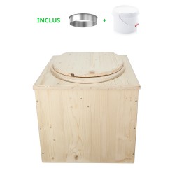 Toilette sèche en bois brut complète avec seau plastique 22L et bavette inox