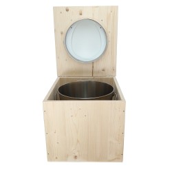 Toilette sèche en bois brut avec bavette inox, seau inox et abattant blanc
