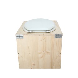 Toilette sèche en bois brut avec bavette inox, seau inox et abattant blanc
