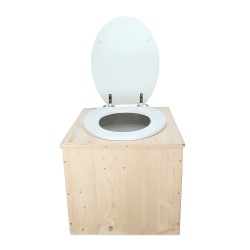 Toilette sèche en bois avec seau 22 Litres + bavette inox et abattant blanc