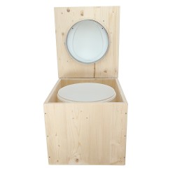 Toilette sèche en bois avec seau 22 Litres + bavette inox et abattant blanc