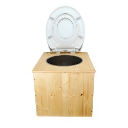 Toilette sèche huilée "2en1", abattant blanc avec réducteur enfant intégré, seau inox et bavette inox
