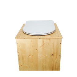 Toilette sèche en bois huilé avec seau 22L plastique, bavette inox et abattant déclipsable blanc