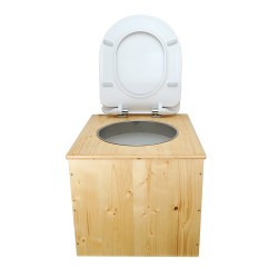 Toilette sèche en bois huilé avec seau 22L plastique, bavette inox et abattant déclipsable blanc
