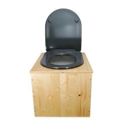 Toilette sèche en bois huilé avec seau 22L plastique, bavette inox et abattant déclipsable gris