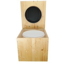 Toilette sèche en bois huilé avec seau 22L plastique, bavette inox et abattant déclipsable gris