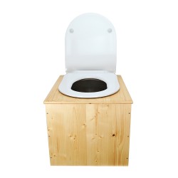 Toilette sèche en bois huilé avec seau inox, bavette inox et abattant déclipsable blanc