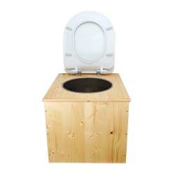 Toilette sèche en bois huilé avec seau inox, bavette inox et abattant déclipsable blanc