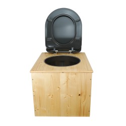 Toilette sèche en bois huilé avec seau inox, bavette inox et abattant déclipsable gris