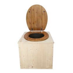 Toilette sèche en bois brut avec abattant bambou, seau inox et bavette inox