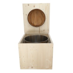 Toilette sèche en bois brut avec abattant bambou, seau inox et bavette inox
