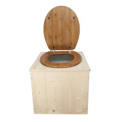 Toilette sèche en bois brut avec seau plastique 22 Litres, bavette inox, abattant bambou