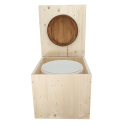 Toilette sèche en bois brut avec seau plastique 22 Litres, bavette inox, abattant bambou