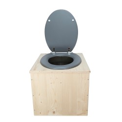 Toilette sèche en bois brut avec seau inox, bavette inox et abattant bois gris
