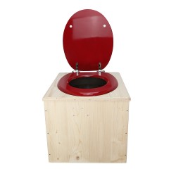 Toilette sèche en bois brut avec seau inox, bavette inox, abattant bois rouge
