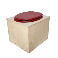 Toilette sèche en bois brut avec seau inox, bavette inox, abattant bois rouge
