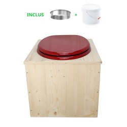 Toilette sèche en bois brut avec seau 22 Litres plastique + bavette inox - abattant bois rouge