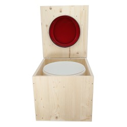 Toilette sèche en bois brut avec seau 22 Litres plastique + bavette inox - abattant bois rouge
