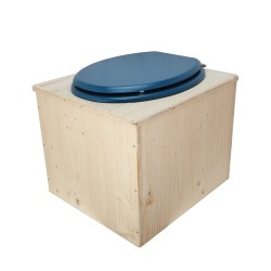 Toilette sèche en bois brut avec seau inox, bavette inox, abattant bleu