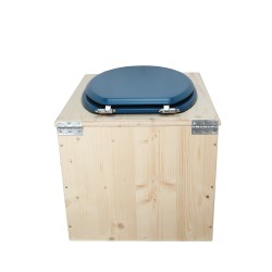 Toilette sèche en bois brut avec seau inox, bavette inox, abattant bleu