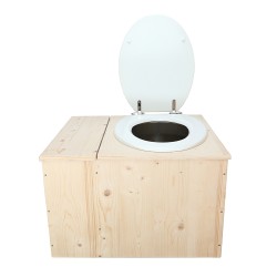 Toilette sèche avec bac à copeaux de bois, seau inox, bavette inox, abattant blanc