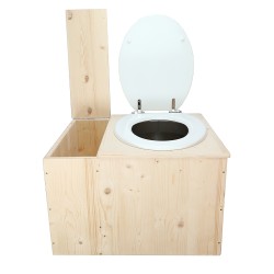 Toilette sèche avec bac à copeaux de bois, seau inox, bavette inox, abattant blanc