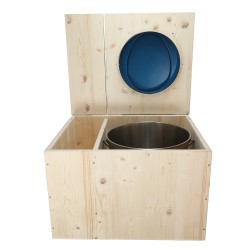 Toilette sèche avec bac à copeaux de bois, seau inox, bavette inox, abattant bleu