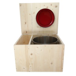 Toilette sèche avec bac à copeaux de bois, seau inox, bavette inox, abattant rouge