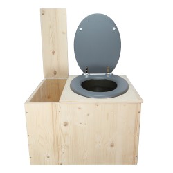 Toilette sèche avec bac à copeaux de bois, seau inox, bavette inox, abattant gris