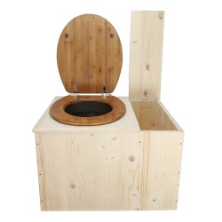 Toilette sèche avec bac à copeaux de bois à droite, abattant bambou, seau inox et bavette inox