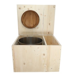 Toilette sèche avec bac à copeaux de bois à droite, abattant bambou, seau inox et bavette inox