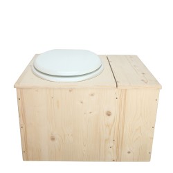 Toilette sèche avec bac à copeaux de bois à droite, abattant blanc, seau inox et bavette inox