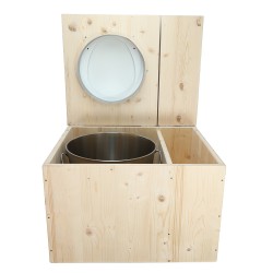 Toilette sèche avec bac à copeaux de bois à droite, abattant blanc, seau inox et bavette inox