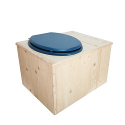 Toilette sèche avec bac à copeaux de bois à droite, abattant bleu, seau inox et bavette inox