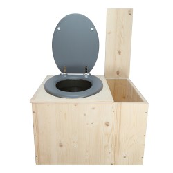 Toilette sèche avec bac à copeaux de bois à droite, abattant gris, seau inox et bavette inox