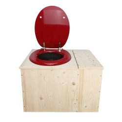 Toilette sèche avec bac à copeaux de bois à droite, abattant rouge, seau inox et bavette inox