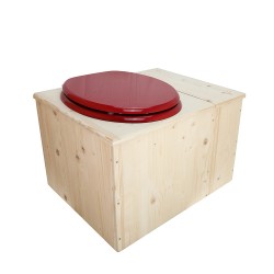 Toilette sèche avec bac à copeaux de bois à droite, abattant rouge, seau inox et bavette inox