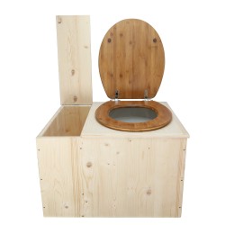 Toilette sèche avec bac à copeaux de bois, abattant bambou, seau 22L plastique et bavette inox
