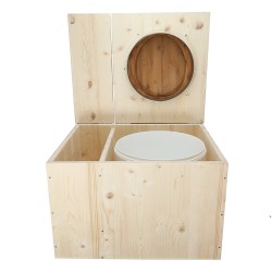 Toilette sèche avec bac à copeaux de bois, abattant bambou, seau 22L plastique et bavette inox