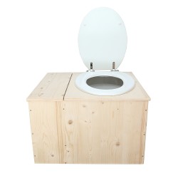 Toilette sèche avec bac à copeaux de bois, abattant blanc, seau 22L plastique et bavette inox