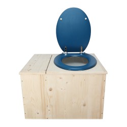 Toilette sèche avec bac à copeaux de bois, abattant bleu, seau 22L plastique et bavette inox